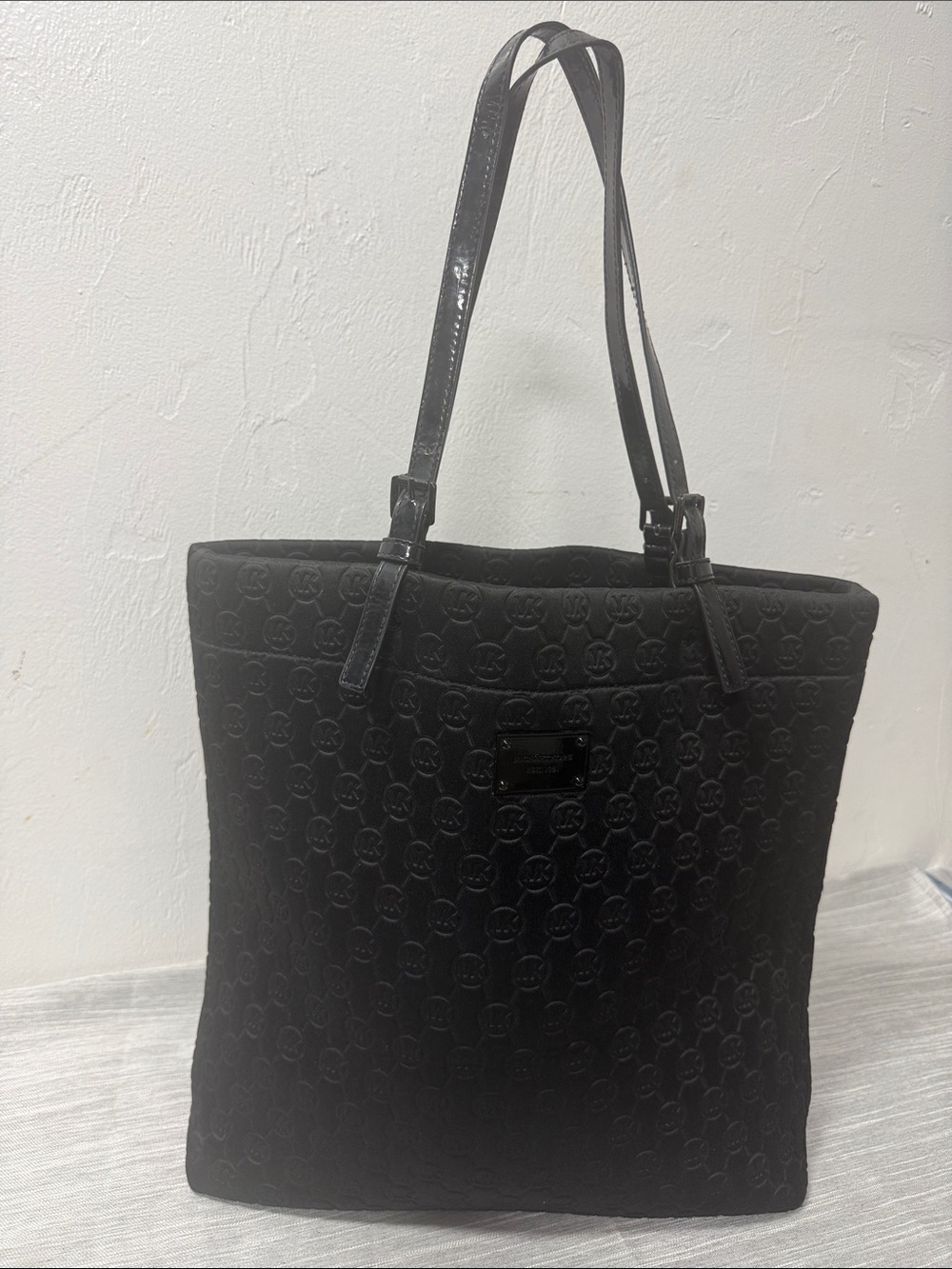 Michael Kors Black Quilted Logo Tote with Patent Straps